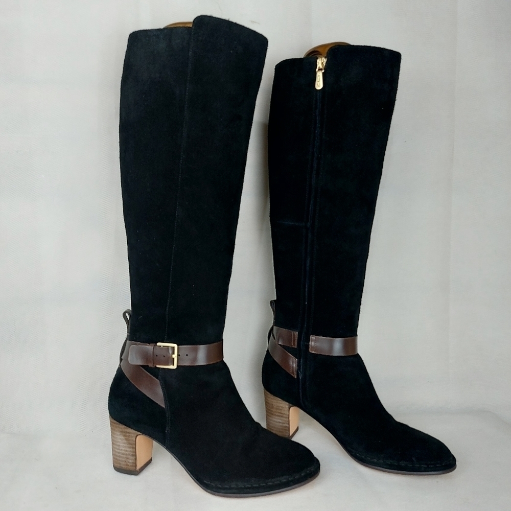 CLARKS Spaced Flame black suede leather tall block heel boots Size 6.5 M